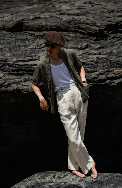 Openwork Hard-Twist Cotton Short-Sleeve Cardigan — Mossy Shadow