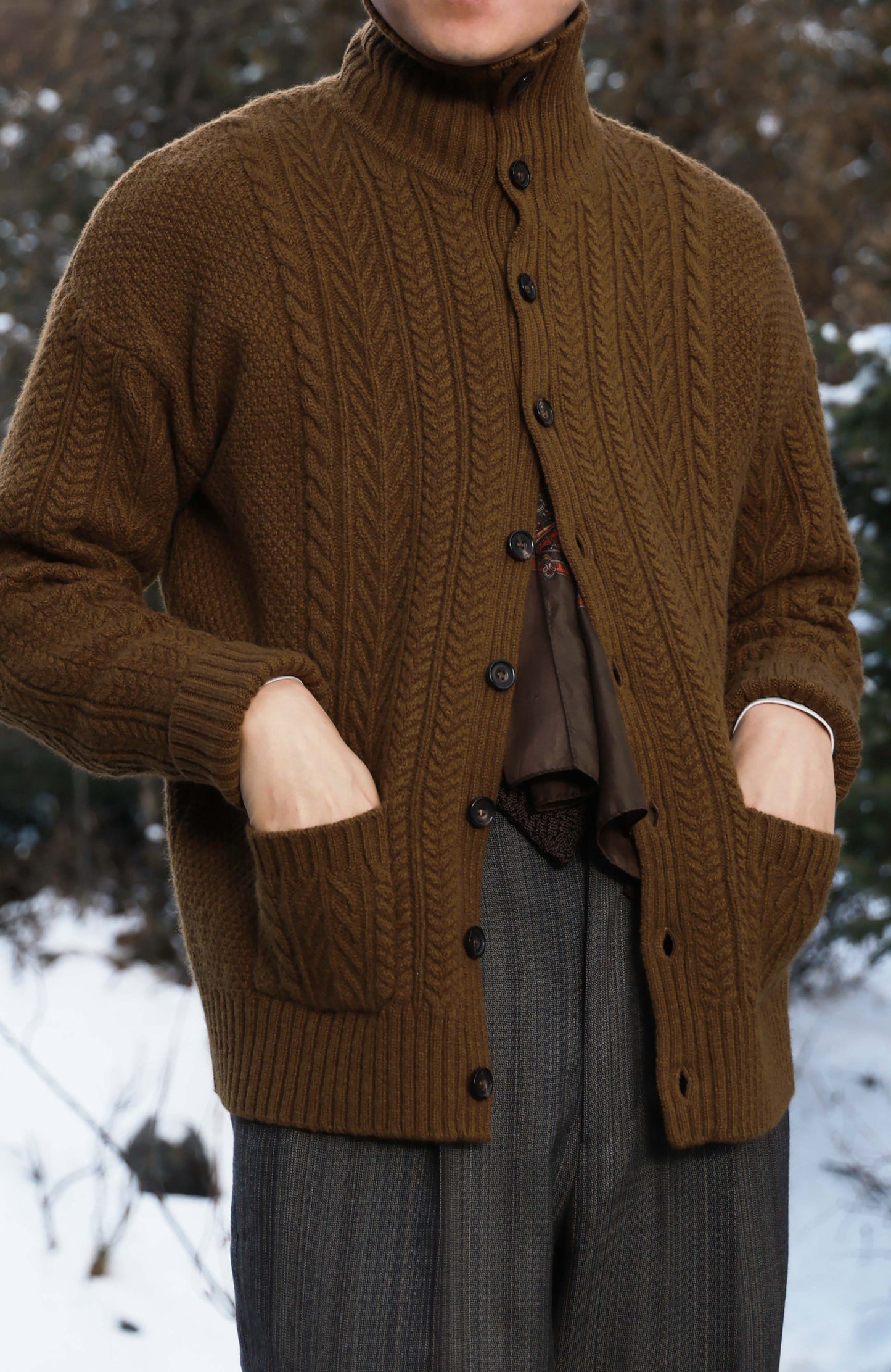 Aran-Cable Wool Cardigan High-Neck Sweater — Walnut Brown