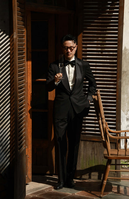 Half-Canvas Shawl-Lapel Evening Jacket — Luminous Midnight Black