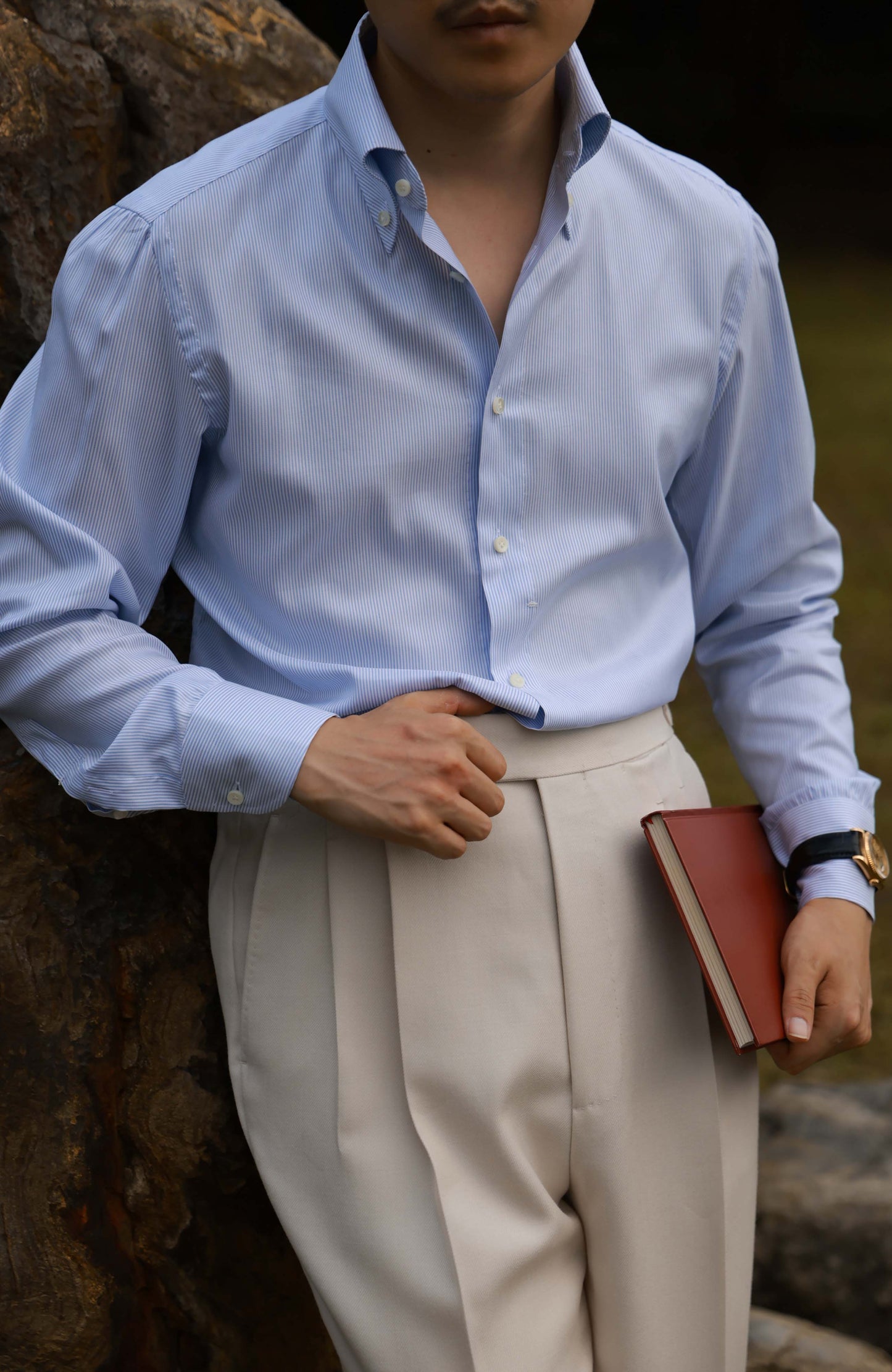 Handcrafted Button-down Collar Shirt in Mulberry Silk — Moonlit Blue Stripe