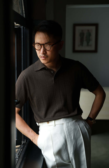 Lyocell-Cotton Linen Blend Ribbed Knit Polo Shirt — Reef Brown