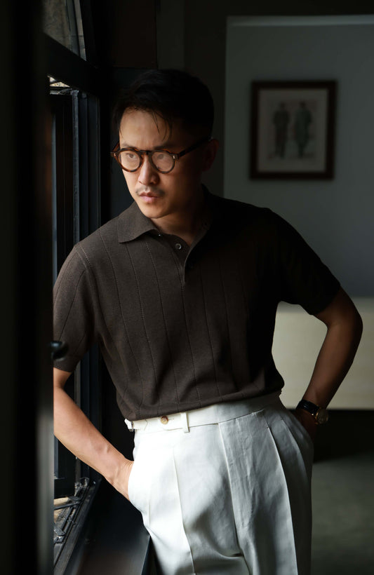 Lyocell-Cotton Linen Blend Ribbed Knit Polo Shirt — Reef Brown