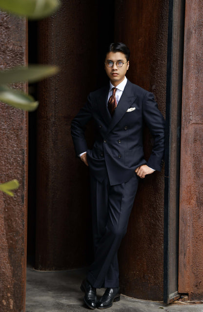 High-Waisted Suit Trousers with Parisian Side Adjusters — Navy Herringbone