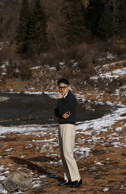 Half-Zip Wool-Cashmere Mock Neck Sweater — Forest Green