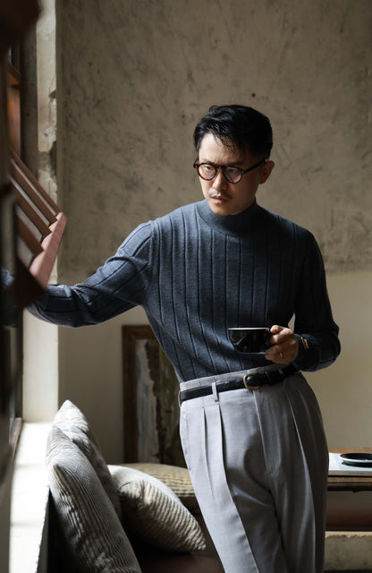 100% Merino Wool Ribbed Mock Neck Sweater — Volcanic Grey