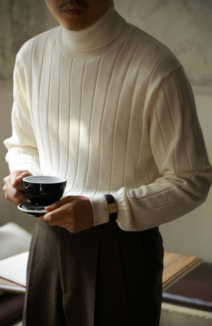 100% Merino Wool Ribbed Turtle Neck Sweater — Snowy White
