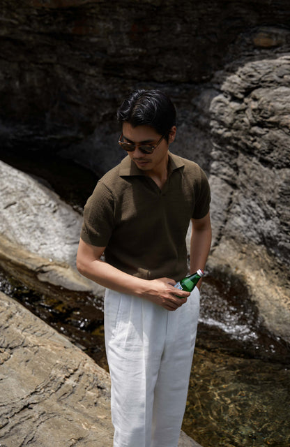 High-Twist Cotton Relaxed Short-Sleeve Polo — Mossstone Green