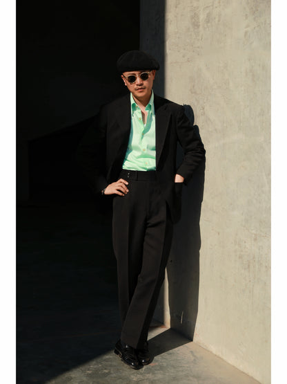 「Midnight Cavalier」Suit Trousers with Italian-style Heavyweight Wool- Linen Blend Parisian Side Adjusters and High-Waisted Double-Pleated