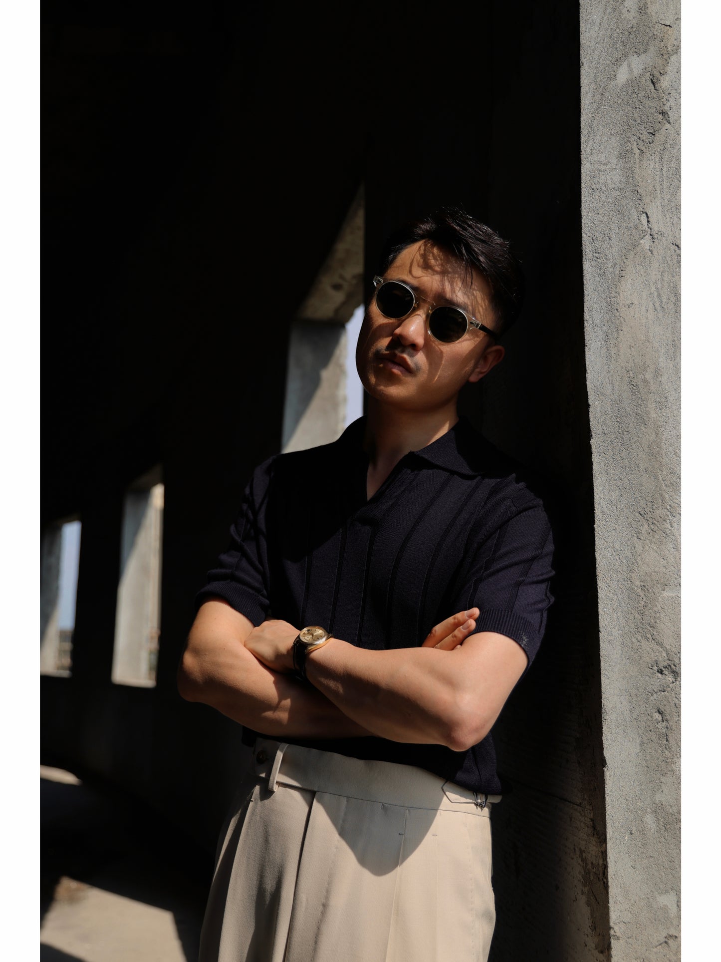 「Notturno Blue」Mulberry silk-cashmere blend Unisex Knit Short-Sleeve Polo Shirt