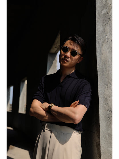 「Notturno Blue」Mulberry silk-cashmere blend Unisex Knit Short-Sleeve Polo Shirt