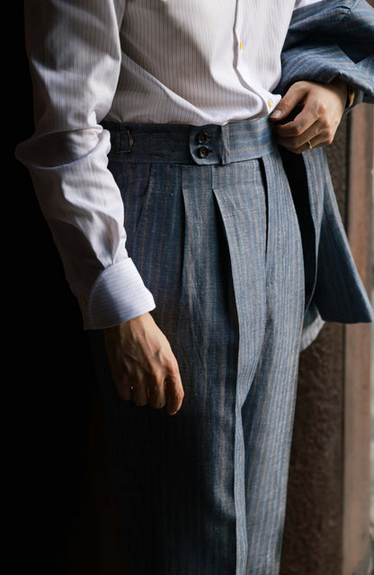 Suit Trousers with Parisian Side Adjusters and High-Waisted Double-Pleated — Blue& Grey