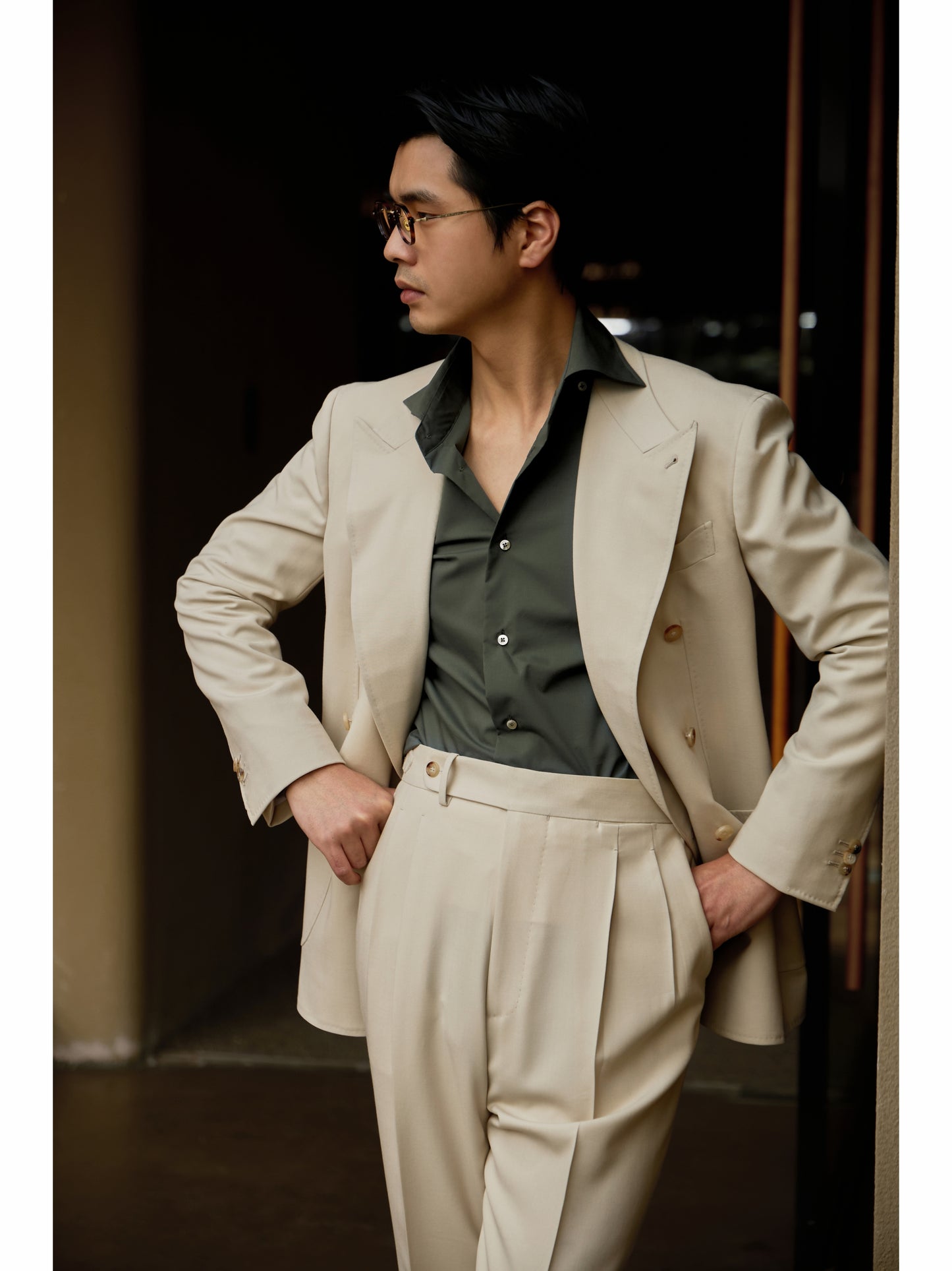 「Pine Rock Green」Italian-style Hidden-Button Spread Collar Pure-Cotton Gentleman's Long-Sleeve Shirt