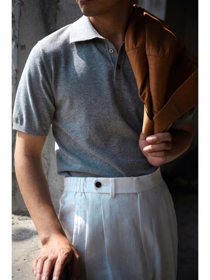 「Glacier Gray」Combed Long-Staple Cotton Knit Short-Sleeve Polo Shirt