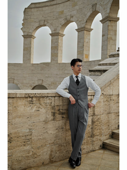 「London Grey」Suit Trousers with Merino Wool Parisian Side Adjusters and High-Waisted Double-Pleated