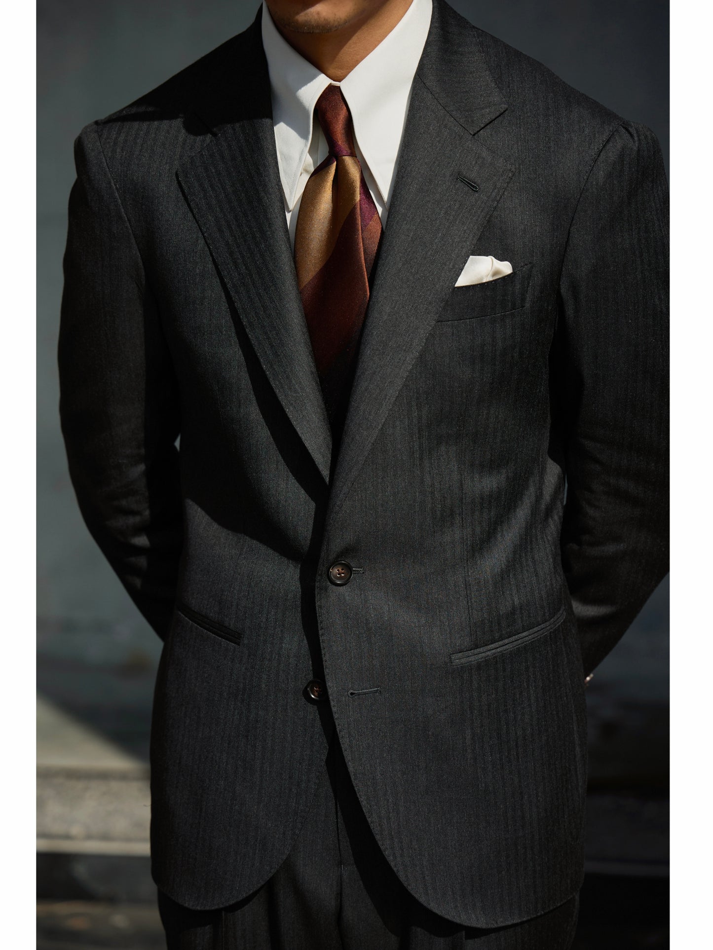 「Ink Herringbone」Italian-style Half-canvass Pure wool Suit Jacket