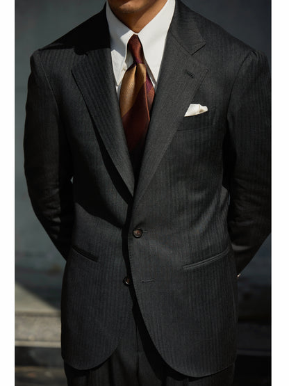 「Ink Herringbone」Italian-style Half-canvass Pure wool Suit Jacket