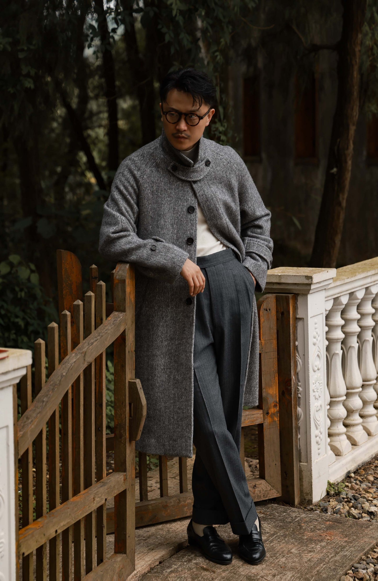 High-Waisted Flannel Suit Trousers with Parisian Side Adjusters — Lunar Gary Pin Stripe