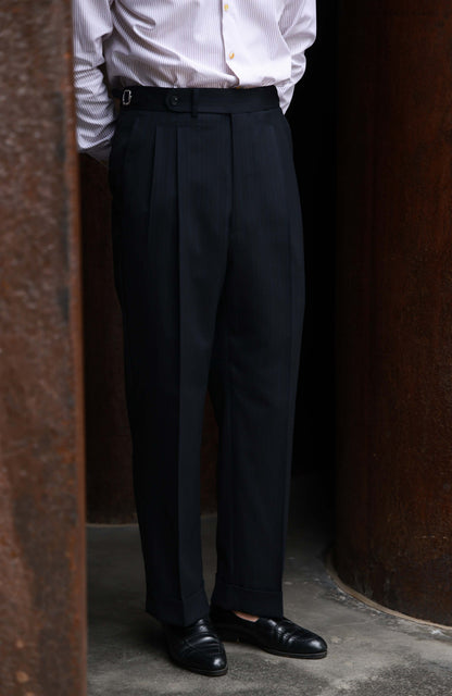 High-Waisted Suit Trousers with Parisian Side Adjusters — Opera Navy Stripe