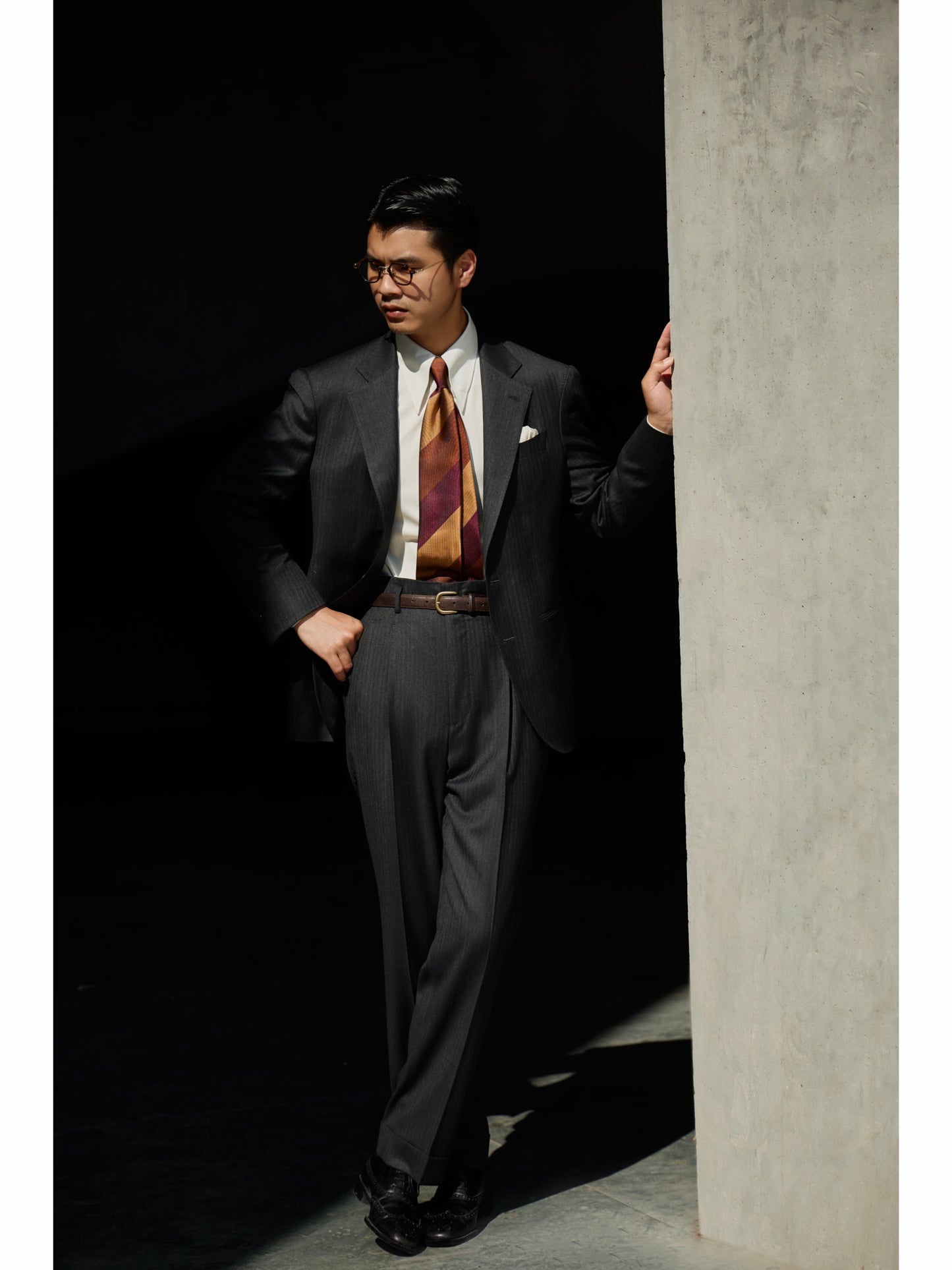 「Ink Herringbone」Suit Trousers with Italian-style Pure-wool Hollywood-Waist