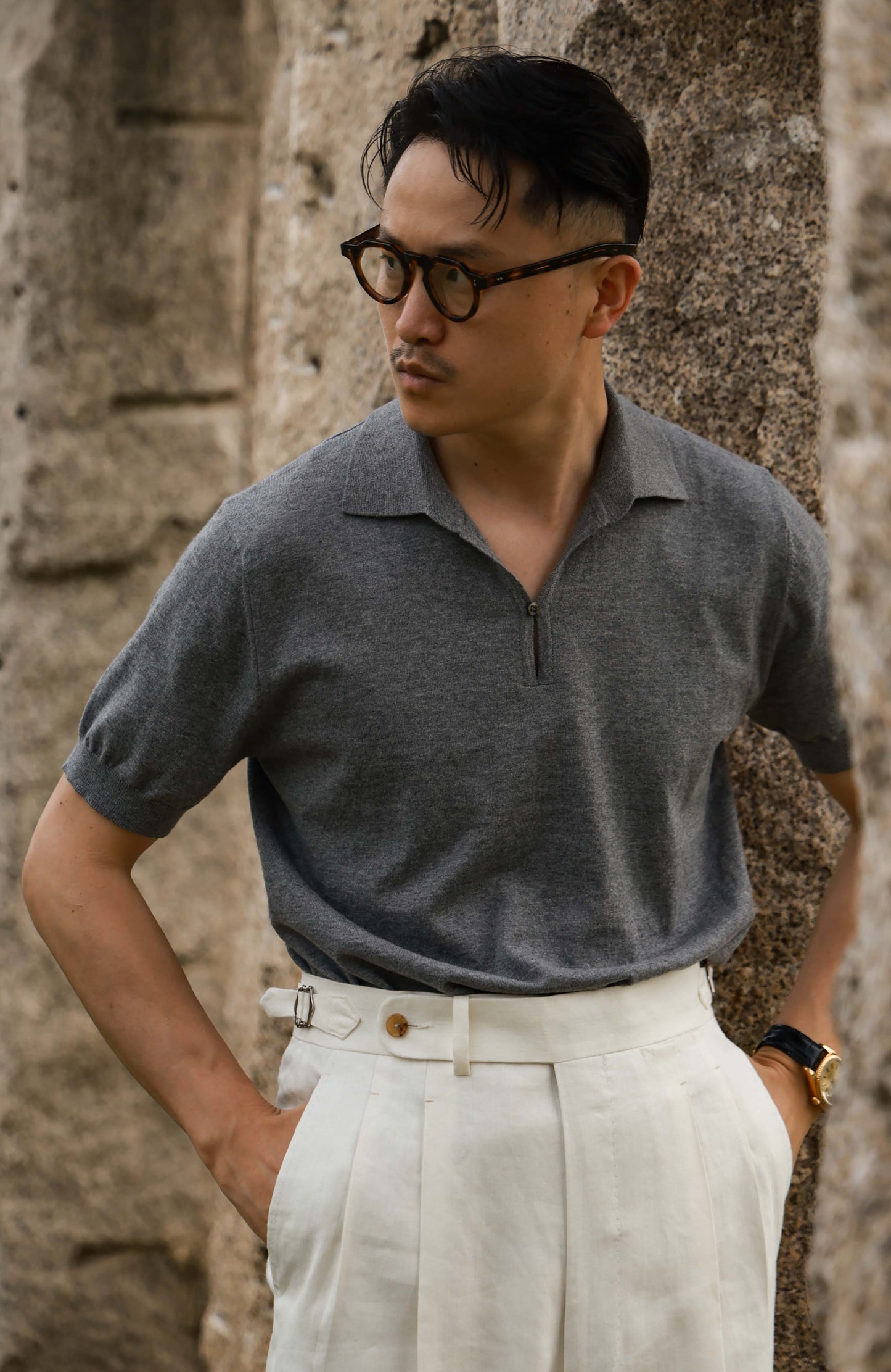 Cashmere Cotton 16-Gauge Knit Short-Sleeve Polo — Misty Apricot/ Misty Gray