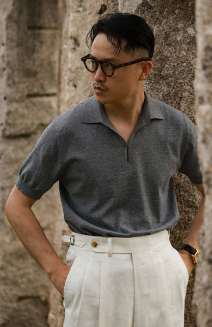 Cashmere Cotton 16-Gauge Knit Short-Sleeve Polo — Misty Apricot/ Misty Gray