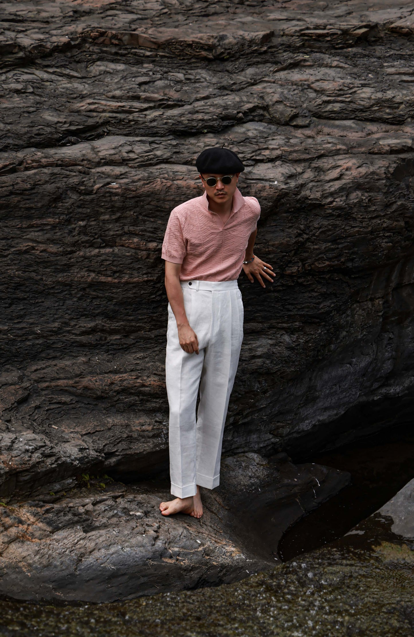 Pine-Texture High-Twist Cotton Short-Sleeve Polo — Coral Rock