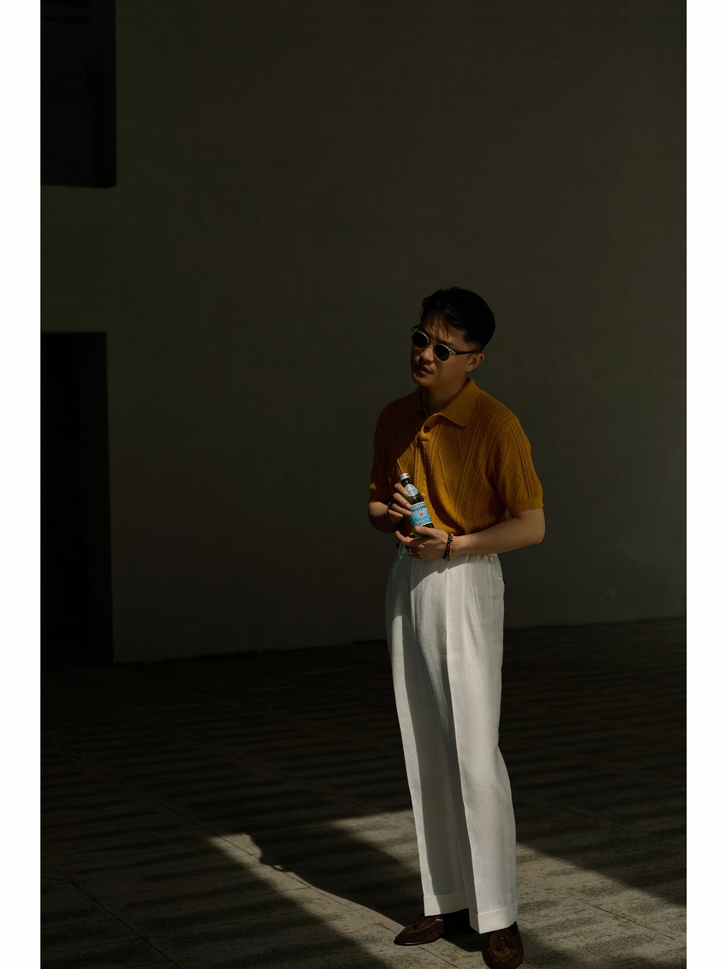Linen/Cotton Knitted Polo Beige Amber Gold