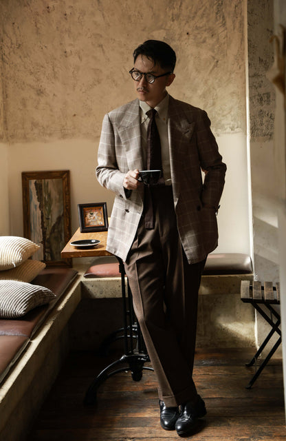 MOON Full-Canvas Double-Breasted Silk & Linen Suit Jacket — Taupe Windowpane