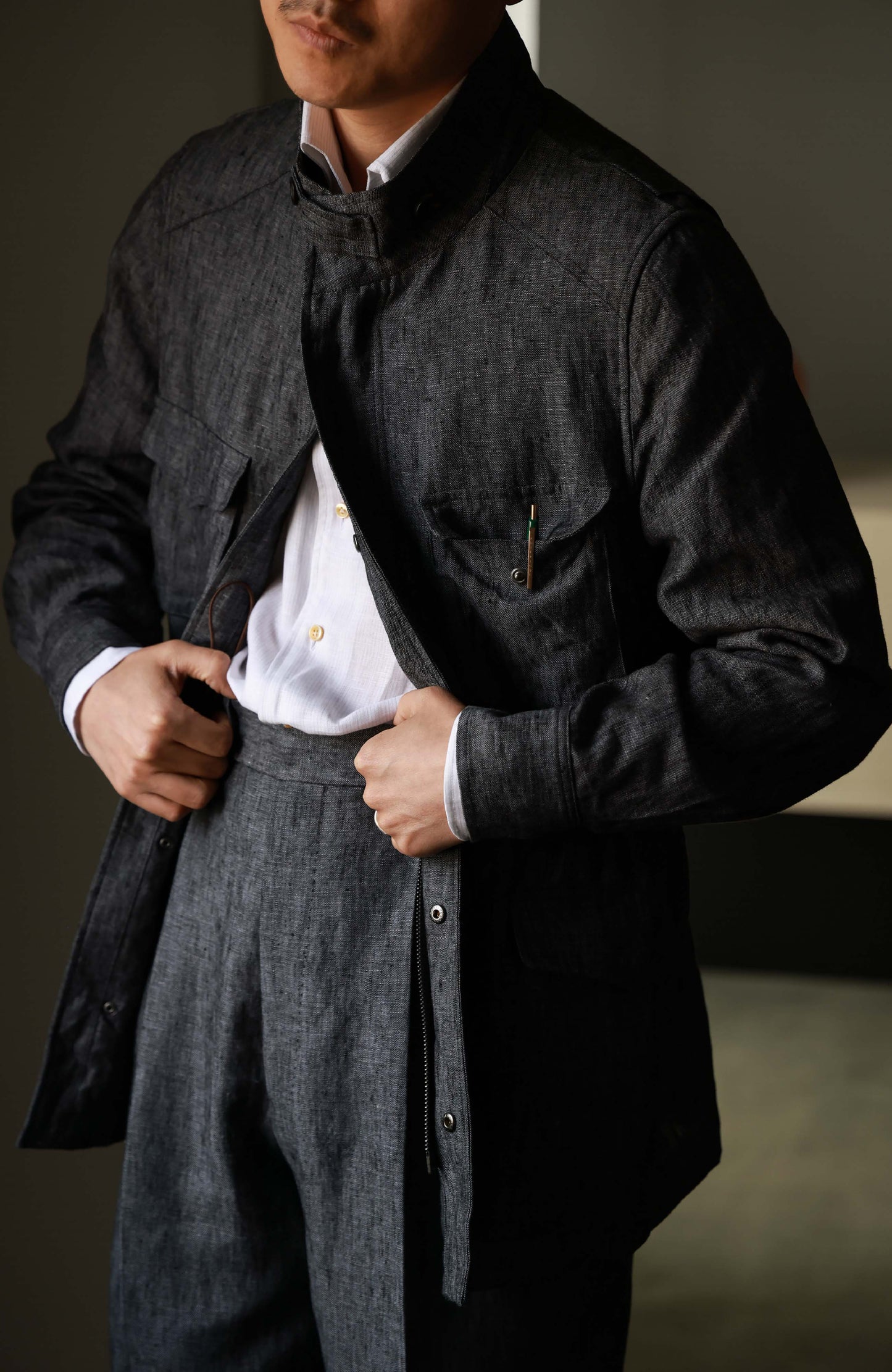 Heavyweight Linen Washed Safari Jacket — Wilderness Grey Denim