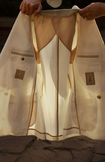 Tussah Silk-Linen Blend Textured Twill Half-Canvas Double-Breasted Suit Jacket — Wheat White