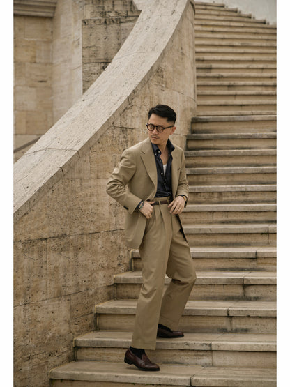 「Sand Trace」Suit Trousers with Merino Wool Hollywood-Waist and High-Waisted Double-Pleated