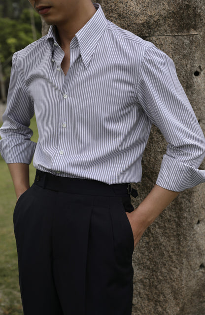 CANCLINI Cotton Handcrafted Long Point Collar Shirt — Como Mist Grey