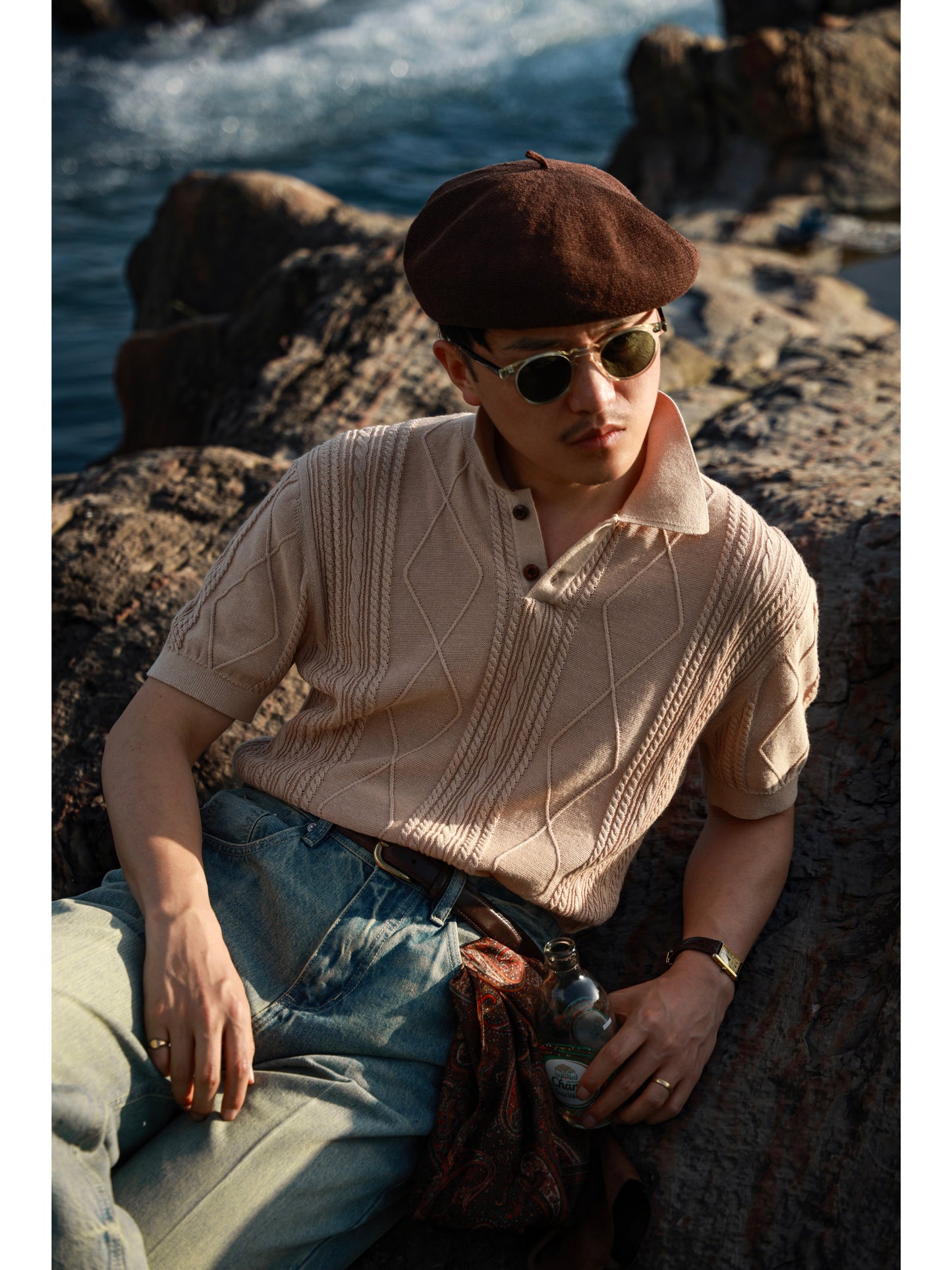 Linen/Cotton Knitted Polo Beige