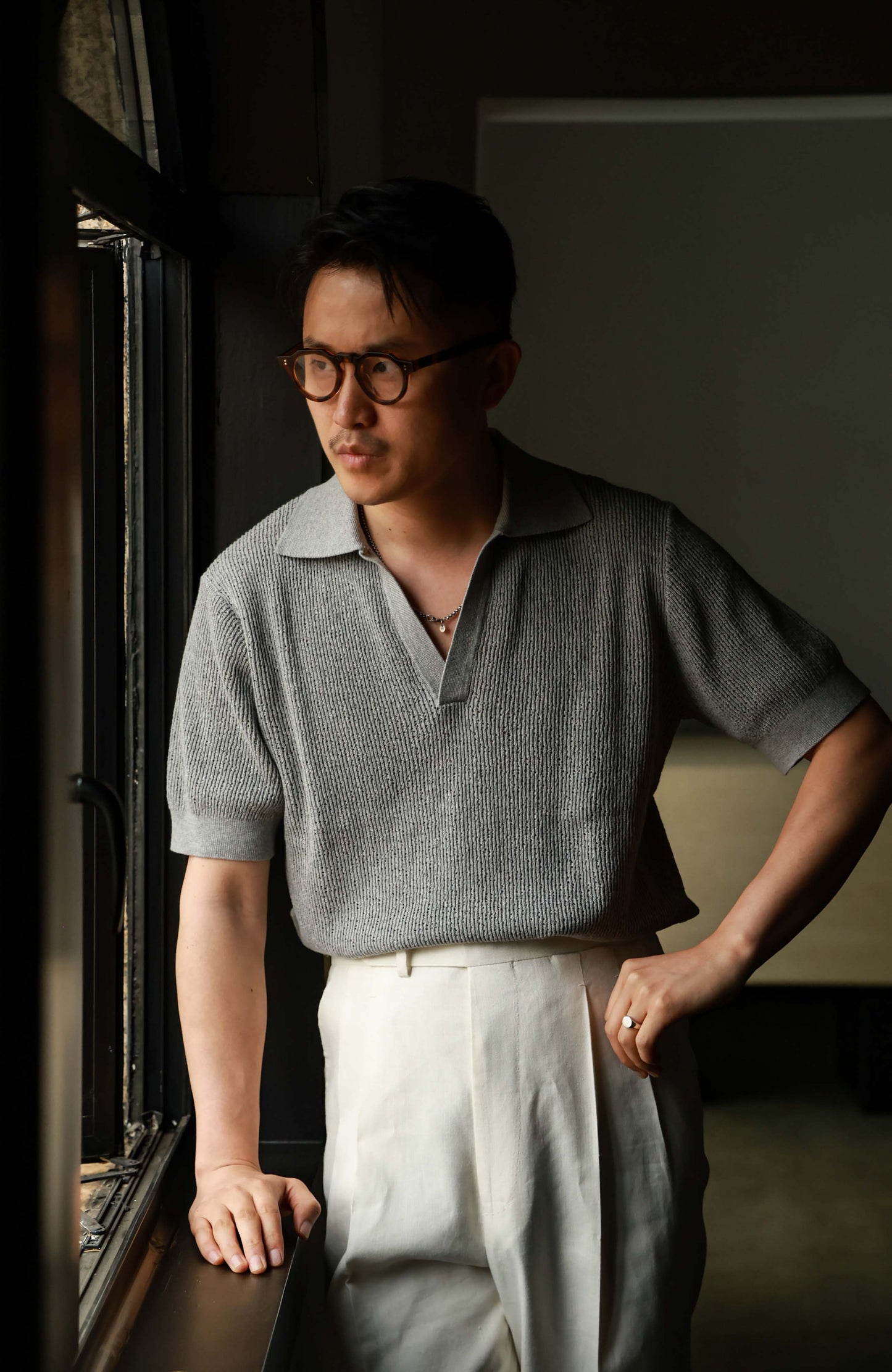 Twist Cotton Heavyweight Textured Knit Short-Sleeve Polo — Stone Grey