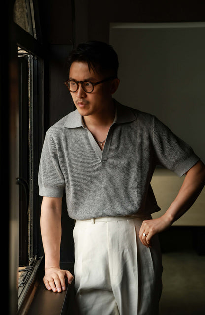 Twist Cotton Heavyweight Textured Knit Short-Sleeve Polo — Stone Grey