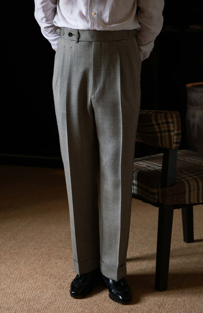 Silk-Wool-Linen Blend Herringbone High-Waisted Trousers with Side-Adjusters — Galaxy Grey