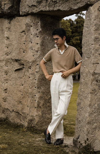 Silk Linen Cotton 16-Gauge Knit Short-Sleeve Polo — Clay Beige / Moonrock Grey