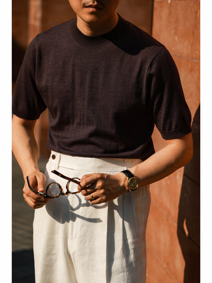 「Berry Espresso」Lambswool Blend for Cloud-Touch Mock Neck Short-Sleeve T-Shirt