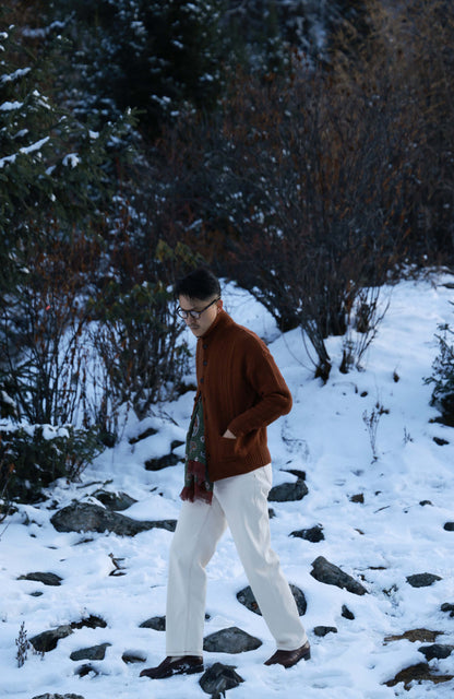 Aran-Cable Wool Cardigan High-Neck Sweater — Maple Red