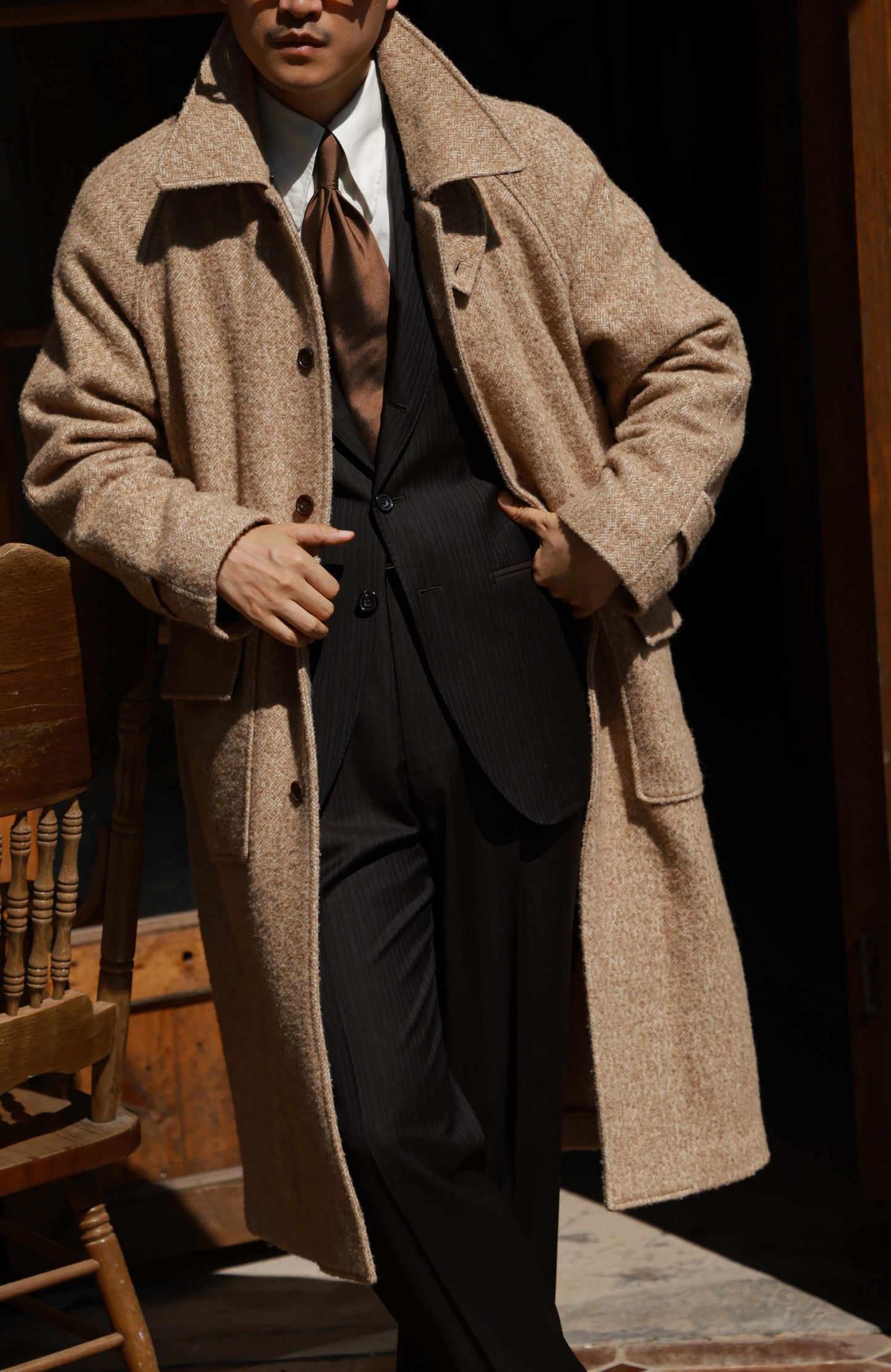 Textured Old-Money Balmacaan Overcoat — Desert Herringbone