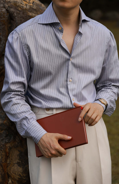 SÖKTAS Handcrafted Cutaway Collar Shirt — Rocky Mountain Grey Stripe