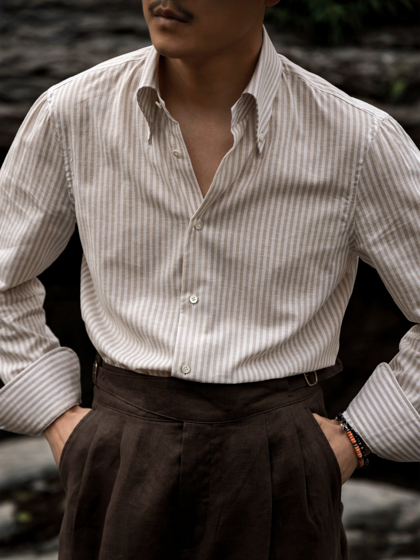 「Oakwood Stripe」Italian-style Button-down Collar Linen-Cotton Casual Gentleman's Long-Sleeve Shirt