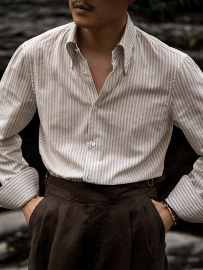 「Oakwood Stripe」Italian-style Button-down Collar Linen-Cotton Casual Gentleman's Long-Sleeve Shirt