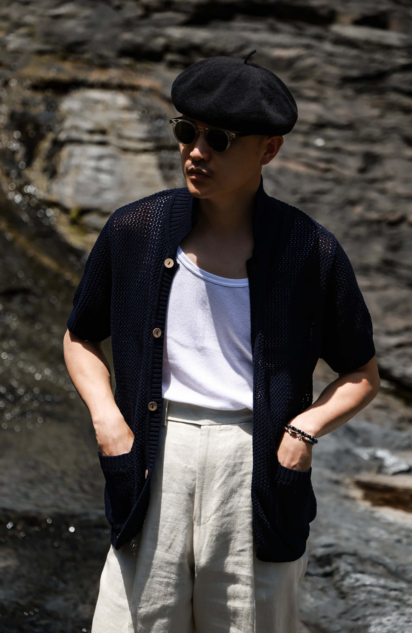 Openwork Hard-Twist Cotton Short-Sleeve Cardigan — Mossy Shadow