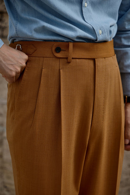 「Tuscan Dusk」Vintage Suit Trousers with  Merino Wool Parisian Side Adjusters and High-Waisted Double-Pleated