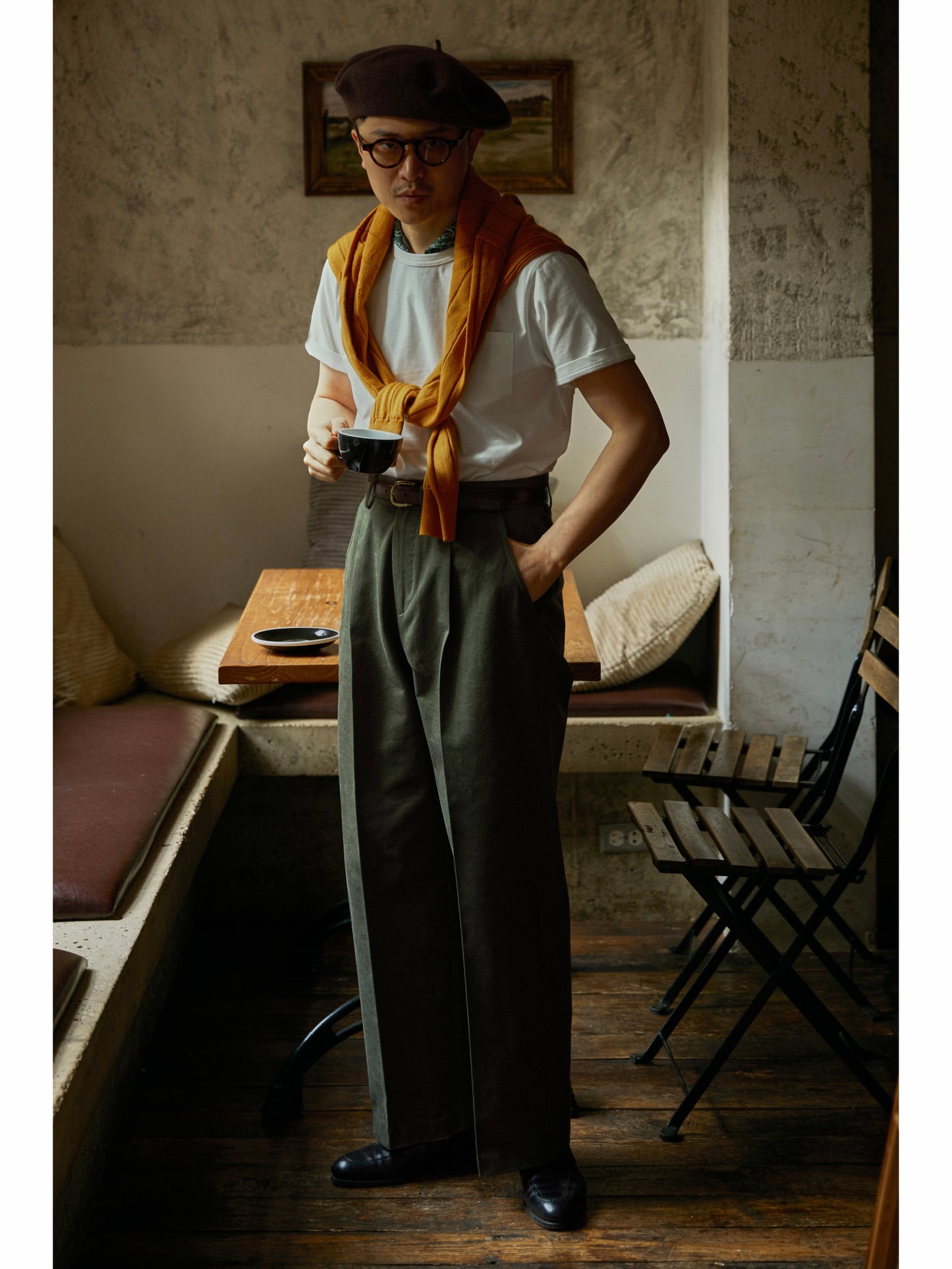 「Mist Forest」Vintage High-density-Cotton High-Waisted Wide-Leg Pant