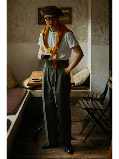 「Mist Forest」Vintage High-density-Cotton High-Waisted Wide-Leg Pant