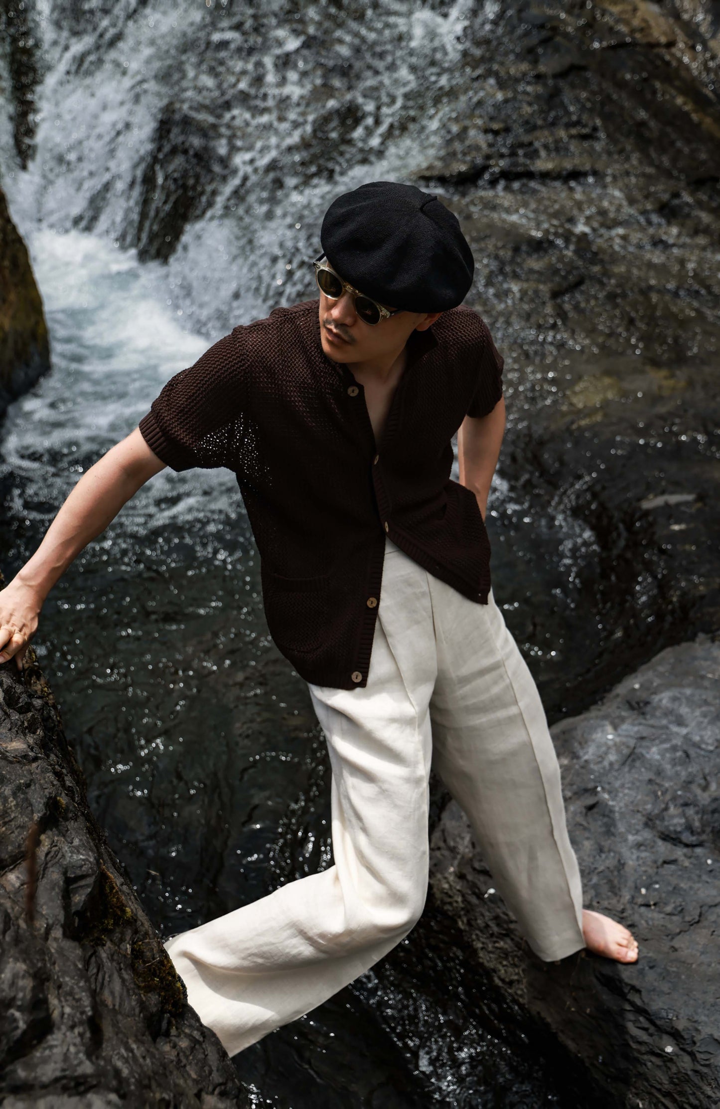 Openwork Hard-Twist Cotton Short-Sleeve Cardigan — Palm Stain