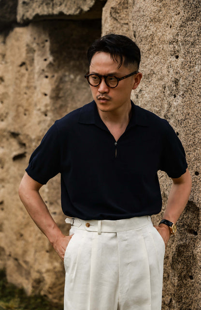 Cashmere Cotton 16-Gauge Knit Polo — Misty White/ Misty Navy