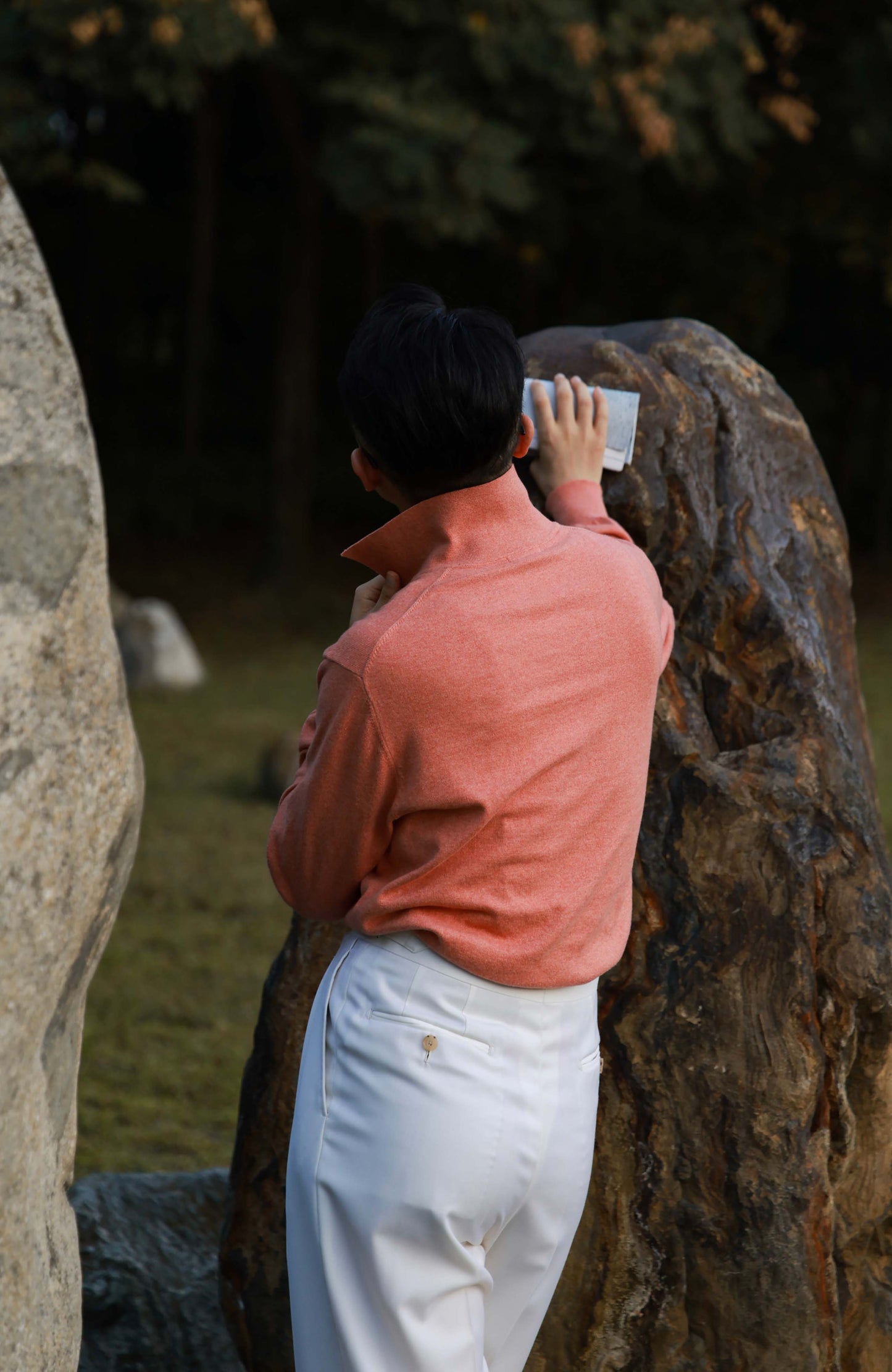 Cashmere Cotton One-Piece Polo Sweater — Coral Pink
